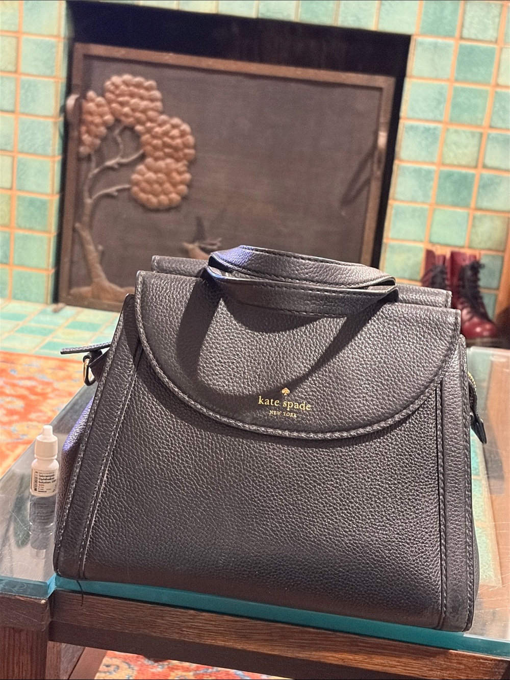 kate spade Black Pebbled Satchel with Gold Logo